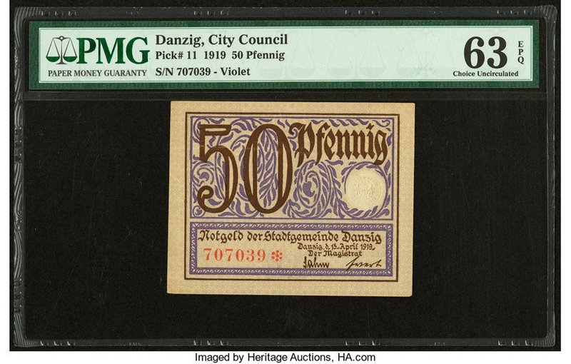 Danzig City Council 50 Pfennig 15.4.1919 Pick 11 PMG Choice Uncirculated 63 EPQ....