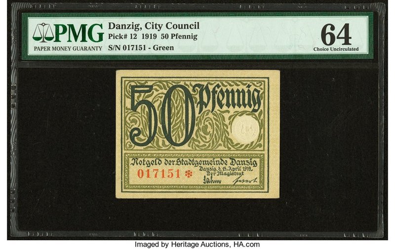 Danzig City Council 50 Pfennig 15.4.1919 Pick 12 PMG Choice Uncirculated 64. 

H...