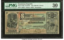 Dominican Republic Banco de la Compania de Credito de Puerto Plata 5 Pesos ND (1880-89) Pick S105r Remainder PMG Very Fine 30. Previously mounted; tri...