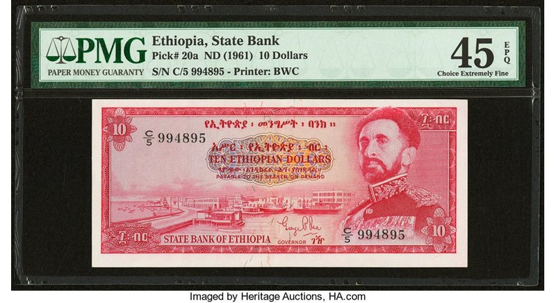 Ethiopia State Bank of Ethiopia 10 Dollars ND (1961) Pick 20a PMG Choice Extreme...