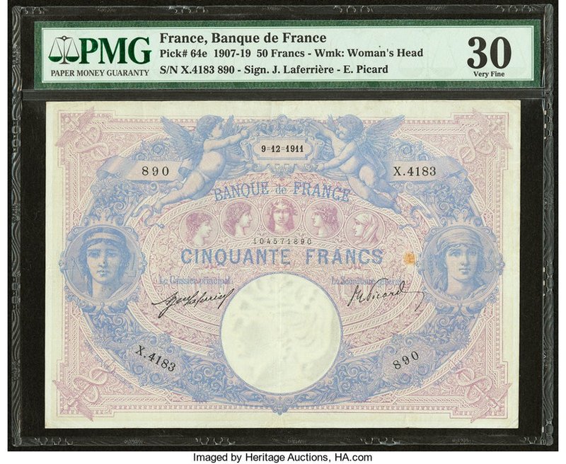 France Banque de France 50 Francs 9.12.1911 Pick 64e PMG Very Fine 30. Rust; pin...