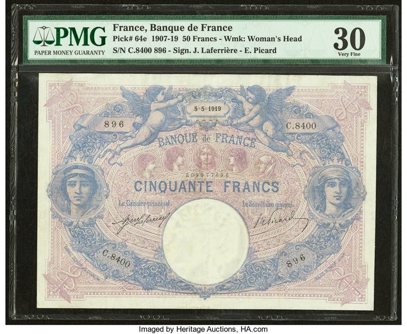 France Banque de France 50 Francs 5.5.1919 Pick 64e PMG Very Fine 30. Pinholes.
...
