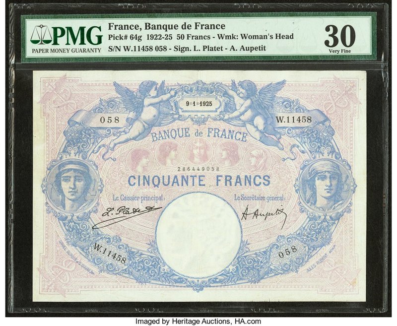 France Banque de France 50 Francs 9.1.1925 Pick 64g PMG Very Fine 30. Minor rust...