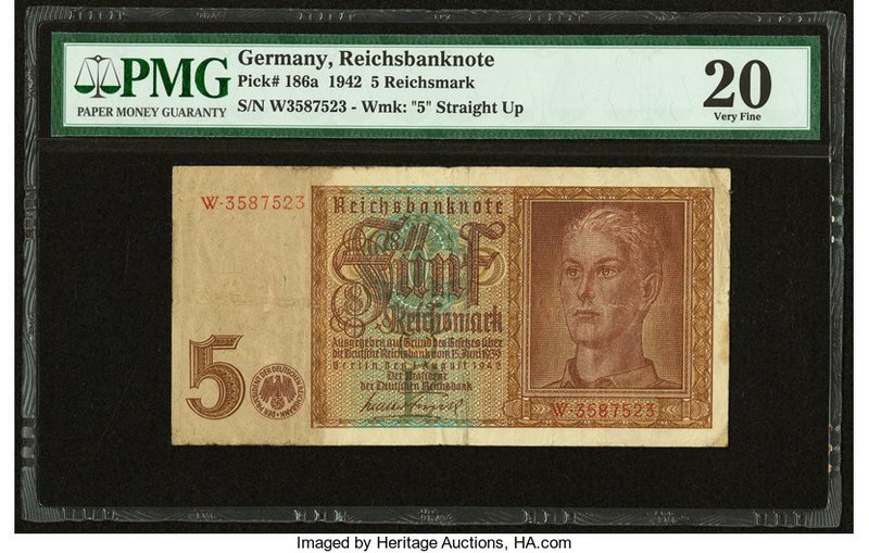Germany German Gold Discount Bank 5 Reichsmark 1.8.1942 Pick 186a PMG Very Fine ...