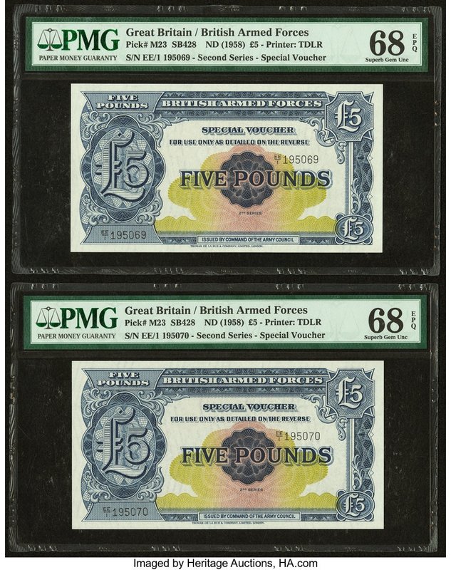 Great Britain British Military Authority 5 Pounds ND (1958) Pick M23 Two Consecu...