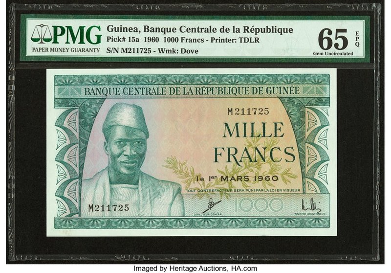 Guinea Banque Centrale 1000 Francs 1.3.1960 Pick 15a PMG Gem Uncirculated 65 EPQ...