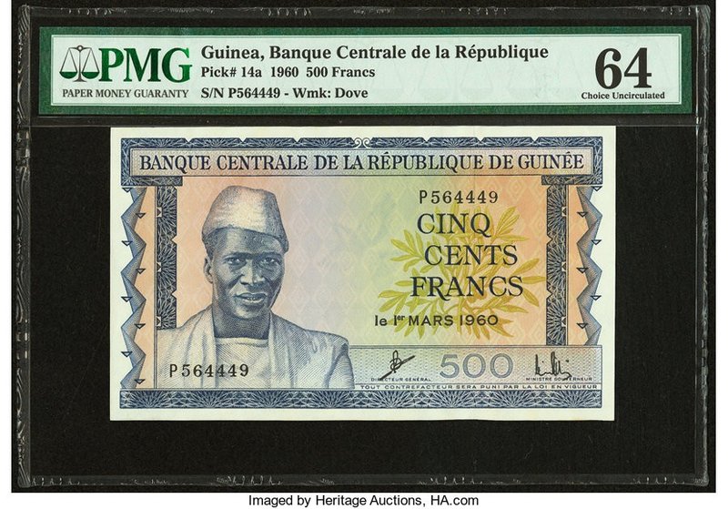 Guinea Banque Centrale 500 Francs 1.3.1960 Pick 14a PMG Choice Uncirculated 64. ...