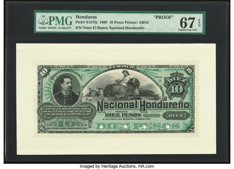 Honduras Banco Nacional Hondureno 10 Pesos 1889 Pick S157fp Front Proof PMG Supe...