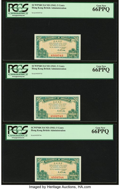 Hong Kong Government of Hong Kong 5 Cents ND (1941) Pick 314 KNB4 Three Consecut...