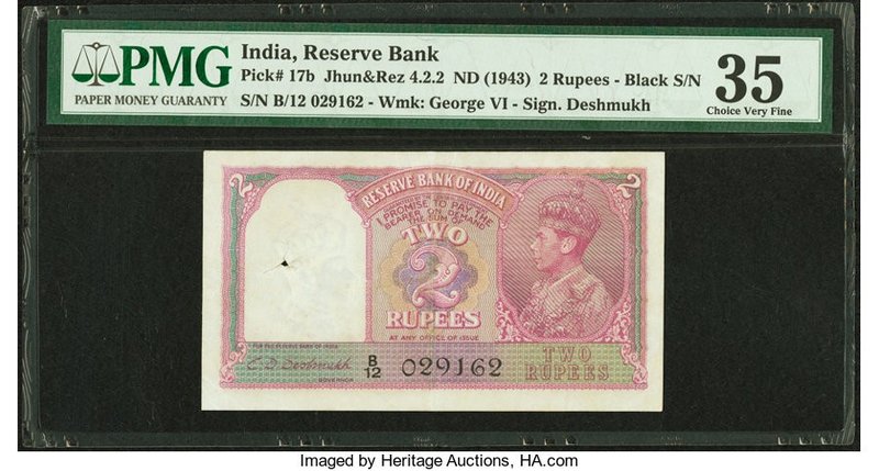 India Reserve Bank of India 2 Rupees ND (1943) Pick 17b Jhun4.2.2 PMG Choice Ver...