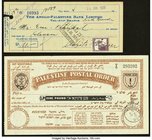 Israel Anglo-Palestine Bank Limited 11 Pounds 23.6.1939 Check Very Fine; Palestine Postal Order 1 Pound 22.11.1947 Extremely Fine. The check has a pie...