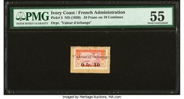 Ivory Coast Afrique Occidentale Francaise .10 Franc on 10 Centimes ND (1920) Pick 5 PMG About Uncirculated 55. Previously mounted; annotation; pinhole...