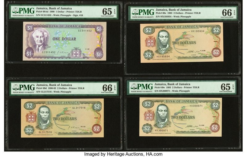 Jamaica Bank of Jamaica Lot Of Eight PMG Graded Examples. 1 Dollar 1.1.1990 Pick...
