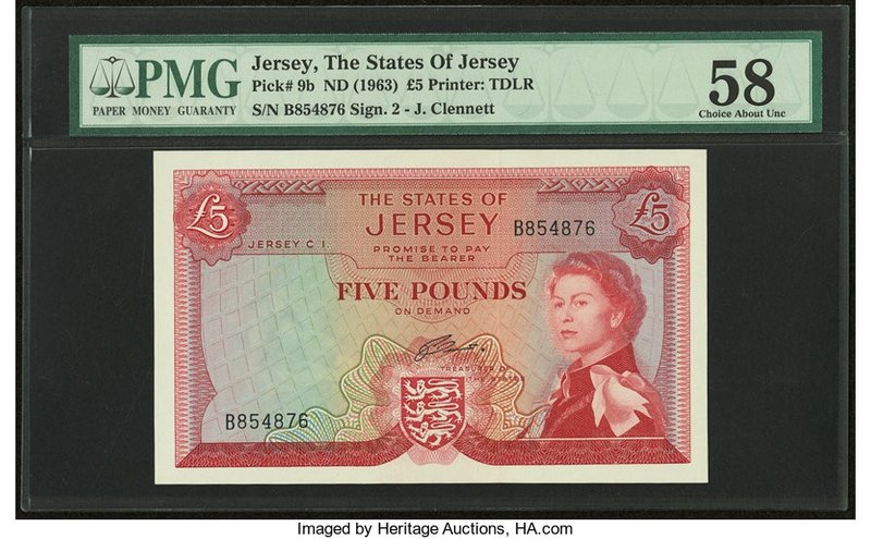 Jersey States of Jersey 5 Pounds ND (1963) Pick 9b PMG Choice About Unc 58. 

HI...