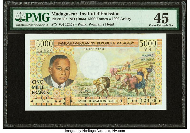 Madagascar Institut d'Emission 5000 Francs = 1000 Ariary ND (1966) Pick 60a PMG ...