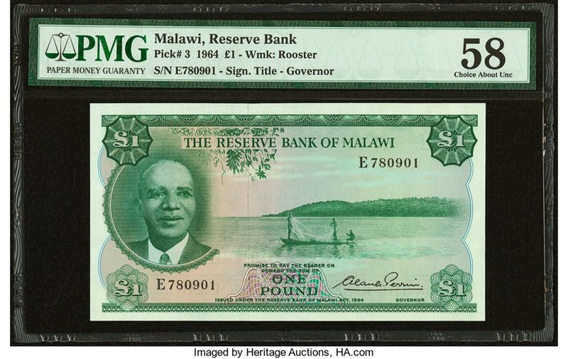 Malawi Reserve Bank of Malawi 1 Pound ND (1964) Pick 3 PMG Choice About Unc 58. ...