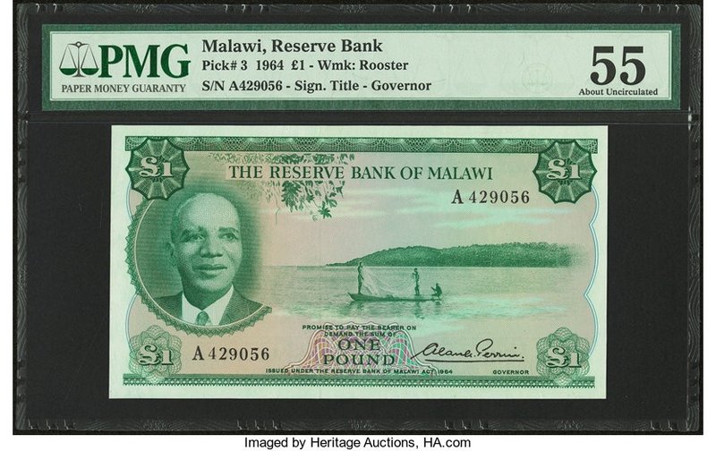 Malawi Reserve Bank of Malawi 1 Pound 1964 Pick 3 PMG About Uncirculated 55. 

H...