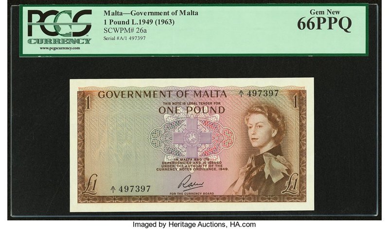 Malta Government of Malta 1 Pound 1949 (1963) Pick 26a PCGS Gem New 66PPQ. 

HID...