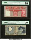 Netherlands Nederlandsche Bank 25; 10 Gulden 19.3.1941; 30.1.1943 Pick 50; 59 Two Examples PMG Choice Very Fine 35; Very Fine 30. 

HID09801242017