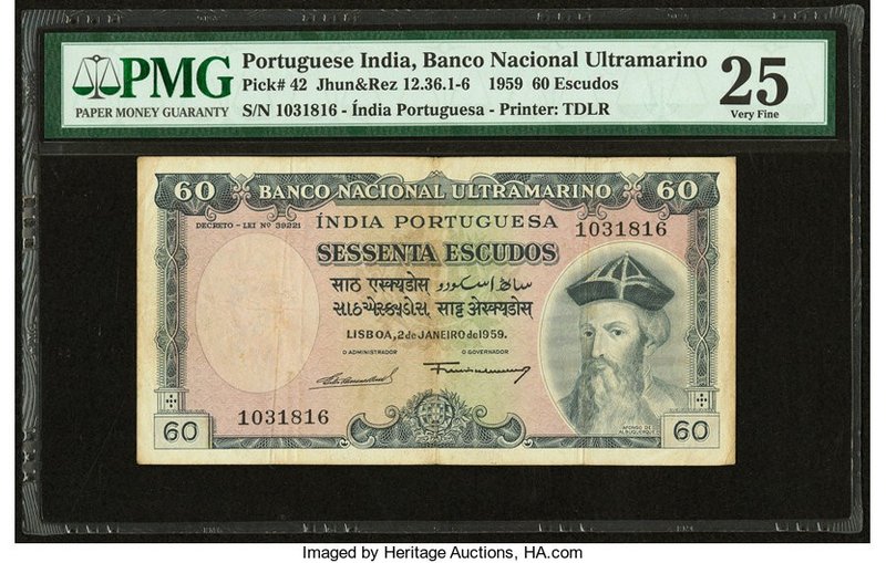 Portuguese India Banco Nacional Ultramarino 60 Escudos 2.1.1959 Pick 42 PMG Very...
