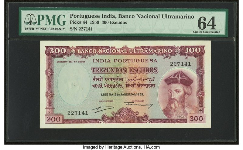 Portuguese India Banco Nacional Ultramarino 300 Escudos 2.1.1959 Pick 44 PMG Cho...