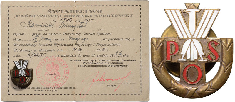 II RP, Państwowa Odznaka Sportowa z legitymacją Warszawa 1935
 Świadectwo wysta...