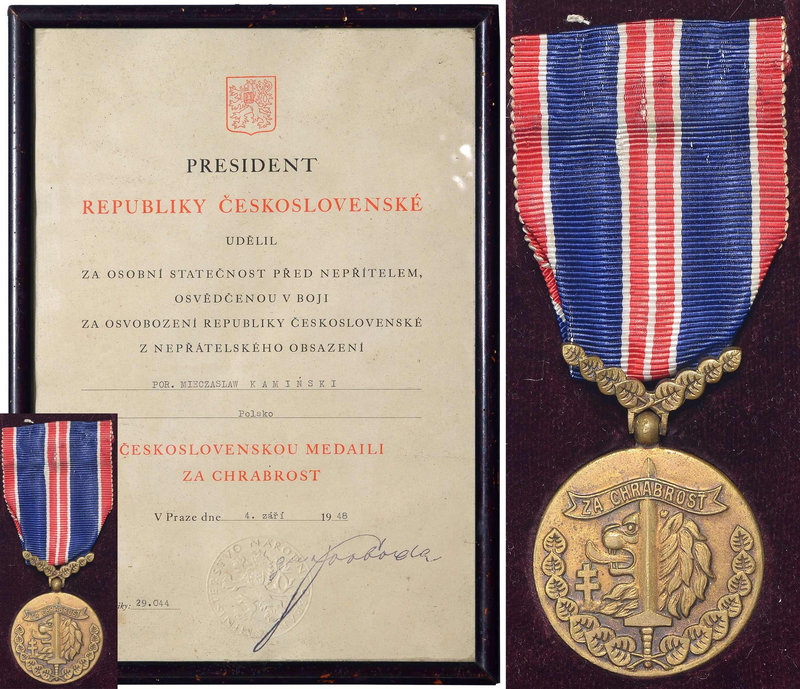 Czechoslovakia, Za chrabrost with diplom for Pole
Czechosłowacja, Medal za dzie...