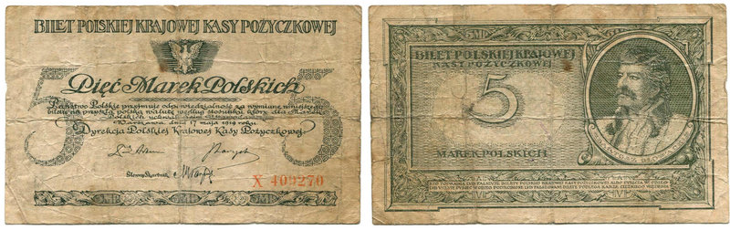 II RP, 5 marek polskich 1919
 Obiegowy egzemplarz. Liczne złamania. 
Grade: VF...