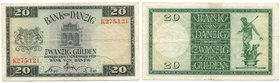 Wolne Miasto Gdańsk, 20 guldenów 1937
 Rzadszy banknot o bardzo przyjemnej prezencji. Jedno złamanie poziome i jedno pionowe. 

Grade: VF+ 
Refere...