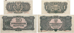 PRL, Zestaw 1 i 20 złotych 1944
 Obiegowe egzemplarze ze złamaniami. 
Grade: VF/VF+ 
Estimate: EUR 23 - 34