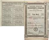 II RP, Warszawskie Towarzystwo Transportu i Żeglugi, 1 Emisja 5 akcji na 1250 marek 1921
 Ładny egzemplarz pierwszej emisji, ze stemplem przewalutowa...