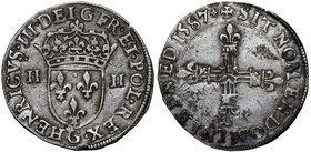France, Henri III, 1/4 ecu 1587 G Poitiers
Henryk Walezy, 1/4 ecu 1587 G Poitiers
 Ładny, głęboko wybity egzemplarz. Rysy. Patyna, nalot. Rzadko spo...