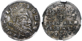 Zygmunt III Waza, Trojak 1596 Wilno - herb Chalecki i Prus
 Bardzo ładny egzemplarz.&nbsp; Wariant z kropkami po bokach herbu Prus. 
Grade: NGC AU D...