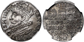 Zygmunt III Waza, Trojak 1601 Kraków - głowa w lewo
 Bardzo ładny, okołomenniczy egzemplarz trojaka krakowskiego. Odmiana z głową w lewo. 
Grade: NG...