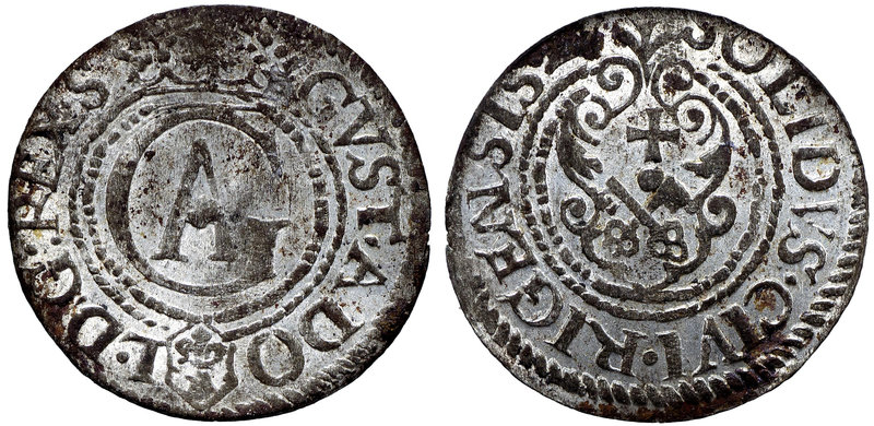 Szwedzka okupacja Rygi, Gustaw Adolf, Szeląg 1625 Ryga - GVST ADO-L
 Piękny egz...