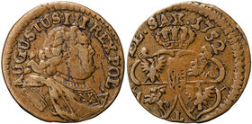 August III Sas, Szeląg 1752 Gubin - odwrócone T
 Ładny egzemplarz w naturalnej brązowej patynie. Dość dobrze zachowany detal. 

Grade: VF+ 
Refere...