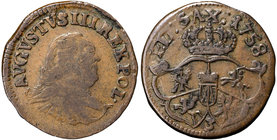 August III Sas, Grosz 1758 Gubin - rzadszy
 Obiegowy egzemplarz w naturalnej, brązowej patynie. Rzadszy, ostatni rocznik bicia groszy miedzianych za ...