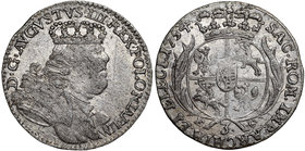 August III Sas, Trojak 1754 Lipsk
 Ładny połysk menniczy.&nbsp; Lekko niedobity egzemplarz. Odmiana z buldogowatym popiersiem. Srebro, średnica 19 mm...