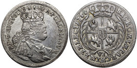August III Sas, Szóstak 1755 Lipsk
 Ładny egzemplarz rzadszego szóstaka lipskiego. Na rewersie inicjały mincmistrza mennicy lipskiej Ernesta Crolla. ...