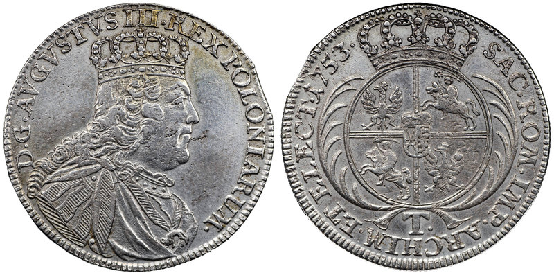 August III Sas, Tymf 1753 Lipsk
 Dość ładny egzemplarz. Wybity z końcówki blach...