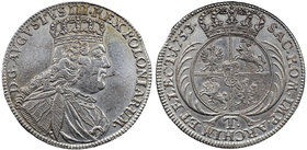 August III Sas, Tymf 1753 Lipsk
 Dość ładny egzemplarz. Wybity z końcówki blachy. Dużo zachowanego połysku menniczego. Wady blachy. Odmiana ze smukły...