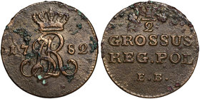 Poniatowski, Półgrosz 1782 - rzadki
 Dawniej wyczyszczony egzemplarz. Nalot. Przyjemny detal. Rzadki rocznik półgroszy. 
Grade: VF-/VF 
Reference: ...