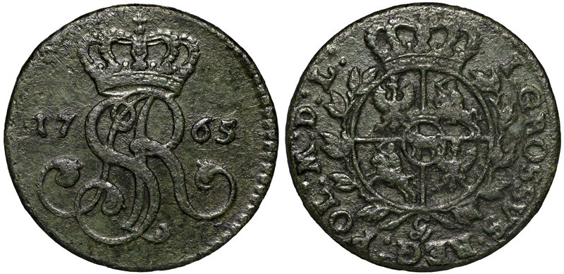 Poniatowski, Grosz 1765 g
 Ładny, obiegowy egzemplarz. Ciemnozielona patyna. 
...