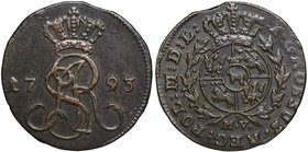 Poniatowski, Grosz 1793 M.V.
 Ładny egzemplarz, najpewniej dawniej umyty. Odmiana z koroną nachodzącą na monogram. 
Grade: XF- 
Reference: Parchimo...