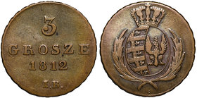Księstwo Warszawskie, 3 grosze 1812 IB
 Ładny egzemplarz, w naturalnej, szufladowej patynie. Miedź, średnica 27 mm, waga 9,12 g. 
Grade: VF+ 
Refer...