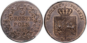Powstanie Listopadowe, 3 grosze 1831 - PCGS MS63 BN
 Piękny, menniczy egzemplarz.&nbsp; Dużo naturalnej, miedzianej czerwieni. Ciekawa moneta będąca ...
