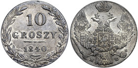 Królestwo Polskie, 10 groszy 1840
 Bardzo ładny, okołomenniczy egzemplarz. Moneta wybita zużytymi stemplami. Srebro, średnica 19 mm, waga 2,88 g. 
G...
