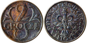 II RP, 2 grosze 1938
 Menniczy egzemplarz w ciekawej, kolorowej patynie. 
Grade: UNC 
Reference: Parchimowicz 102.m
Estimate: EUR 18 - 23