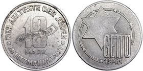 Getto Łódź, 10 marek 1943 Aluminium
 Naturalny egzemplarz z obiegu. Aluminium, średnica 28 mm, waga 3,4 g. 
Grade: VF+ 
Reference: Sarosiek
Estima...