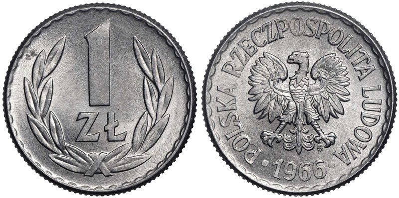 PRL, 1 złoty 1966
 Menniczy egzemplarz. 
Grade: AU/UNC 
Estimate: EUR 23 - 34...
